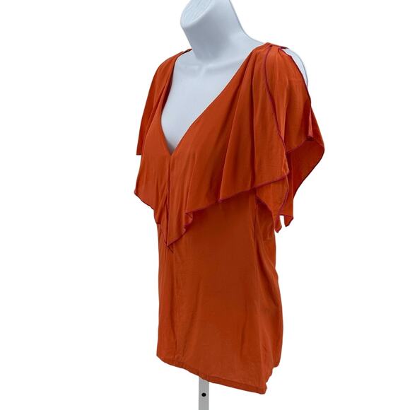 BCBG MAXAZRIA Silk Blouse WMNS XS Orange V-Neck Split Flutter Sleeve Lightweight - Picture 3 of 7